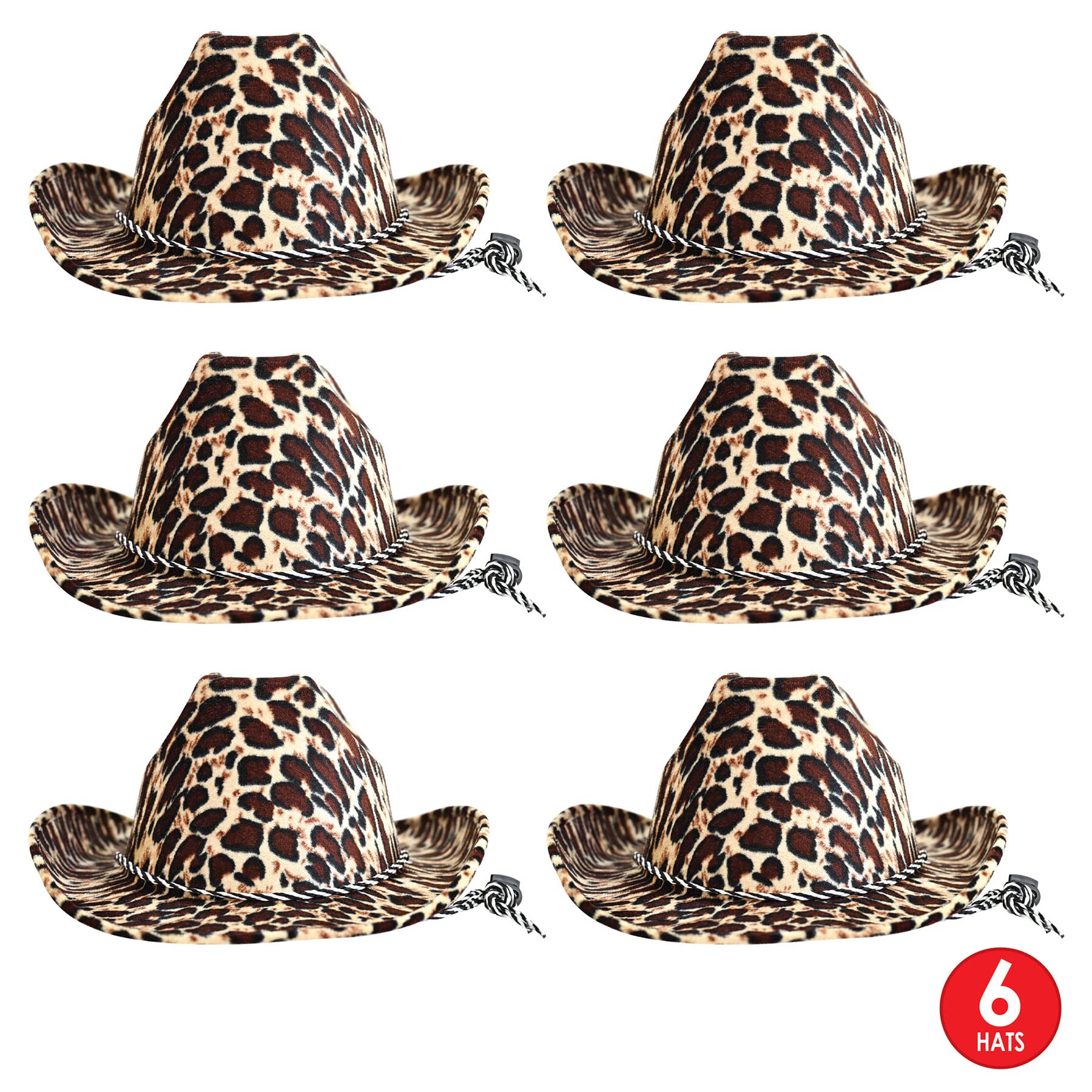 Beistle Leopard Print Cowboy Hats, 6 Pieces - One Size Fits Most, Adjustable Chin Strap, Safari Party Supplies, Halloween Costum